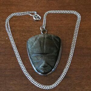 VTG Black Tiger's Eye Carved Tiki Stone with Sterling Silver Edging & 18" Chain
